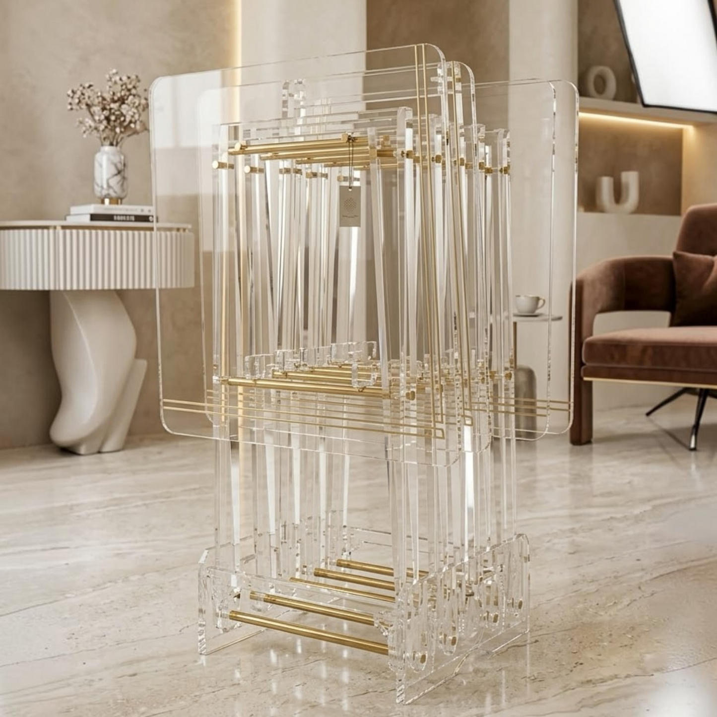 Luxury Transparent Acrylic Square Majlis Table Set with Holder Stand (4 Pcs)