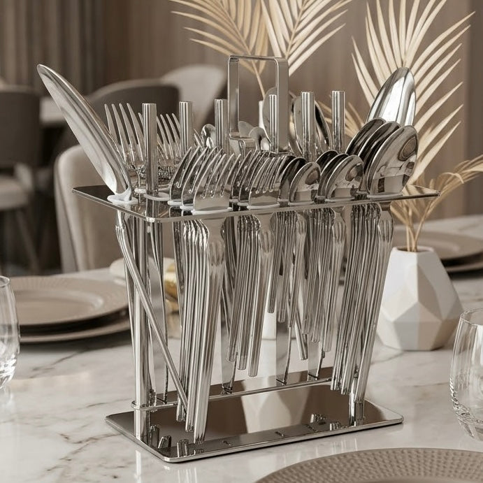 Alpen Berg Luxury Stainless Steel Cutlery Set (38 Pcs) with Stand – Ribbed Handle Design