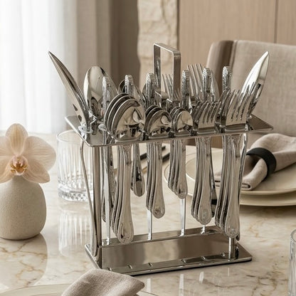 Alpen Berg Luxury Stainless Steel Cutlery Set (38 Pcs) with Stand – Classic Scalloped Handle Design