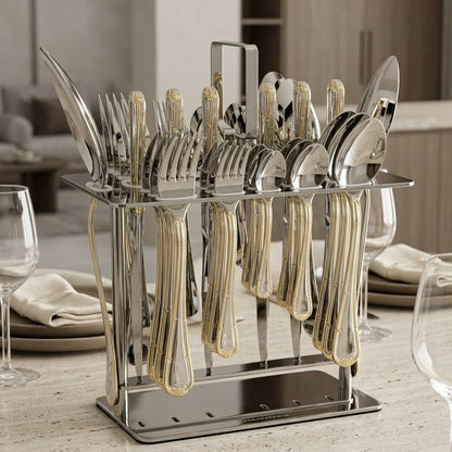 4000157413209Alpen Berg Premium 38-Piece Silverware Set with Display Stand – Silver with Gold Trim