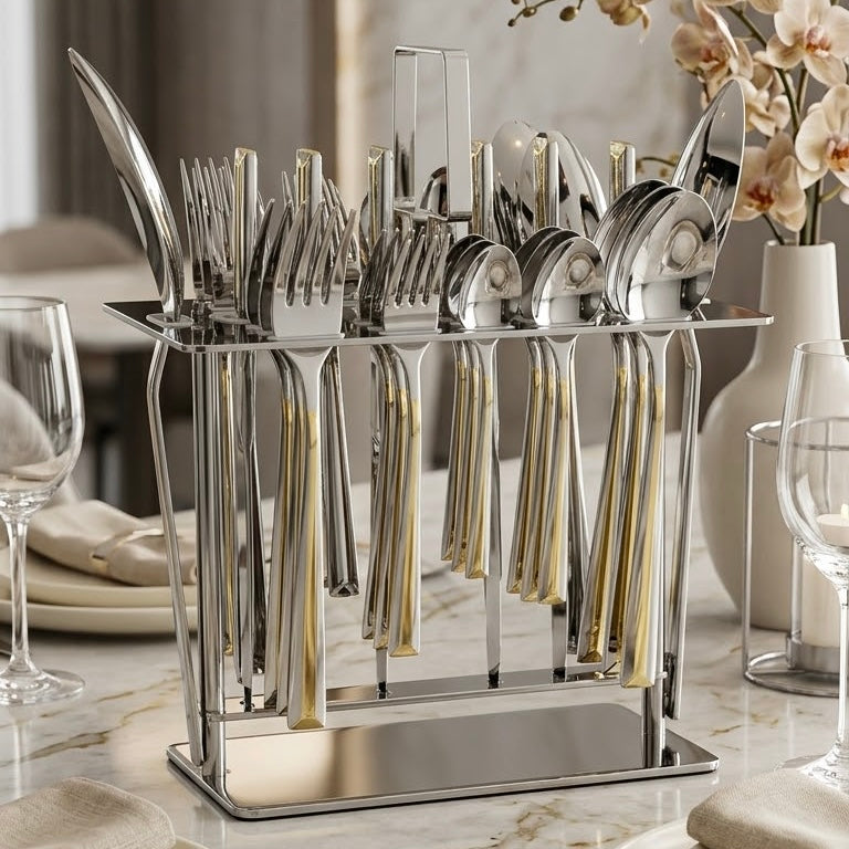 Alpen Berg Premium 38-Piece Silverware Set with Display Stand – Modern Silver & Gold Trim Flatware
