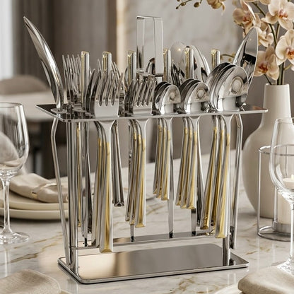 Alpen Berg Premium 38-Piece Silverware Set with Display Stand – Modern Silver & Gold Trim Flatware
