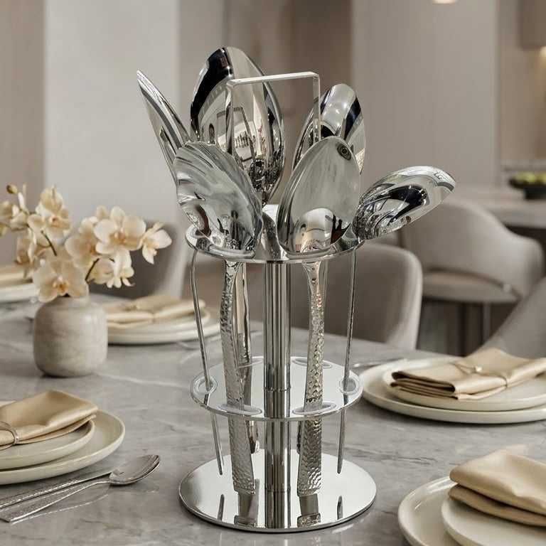 Alpen Berg Luxury Hammered Stainless Steel Serving & Hostess Set (6 Pcs) with Stand