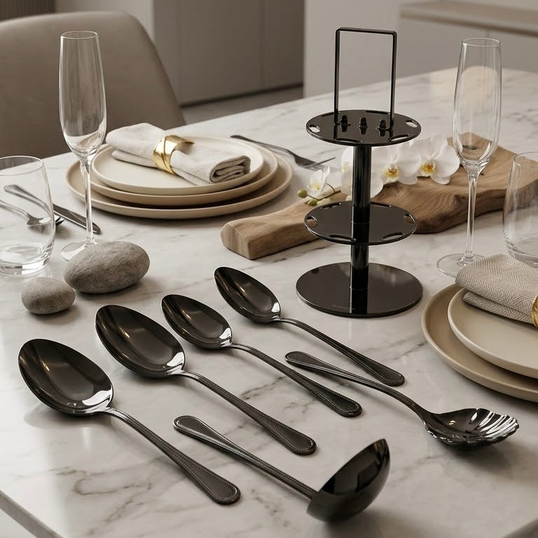Alpen Berg Luxury Black Stainless Steel Serving & Hostess Set (6 Pcs) with Stand