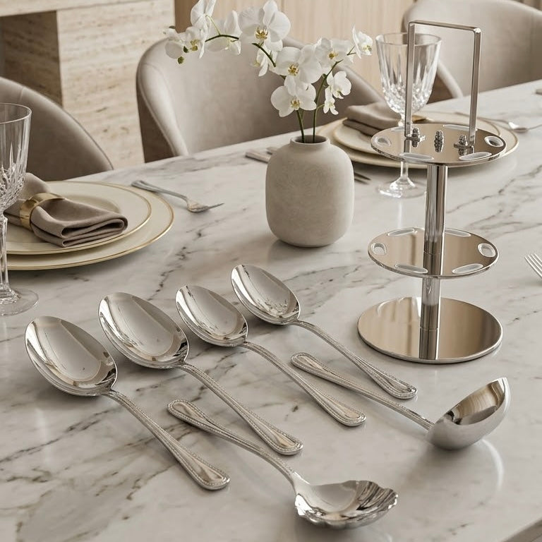 Alpen Berg Luxury Beaded Stainless Steel Serving & Hostess Set (6 Pcs) with Stand