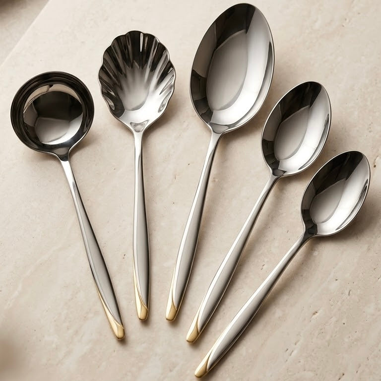 Alpen Berg Luxury Two-Tone Stainless Steel Serving & Hostess Set (6 Pcs) with Stand – Silver & Gold Trim