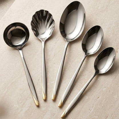 Alpen Berg Luxury Two-Tone Stainless Steel Serving & Hostess Set (6 Pcs) with Stand – Silver & Gold Trim