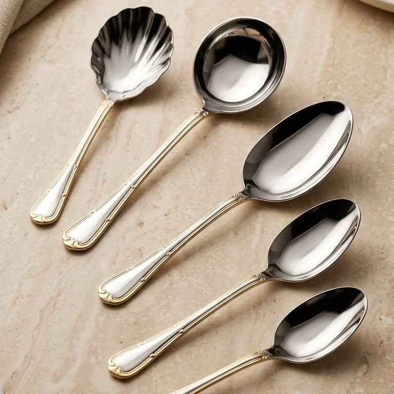 Alpen Berg Premium (6) Piece Serving Utensil Set with Display Stand – Silver with Gold Details
