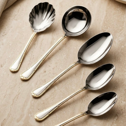 Alpen Berg Premium (6) Piece Serving Utensil Set with Display Stand – Silver with Gold Details