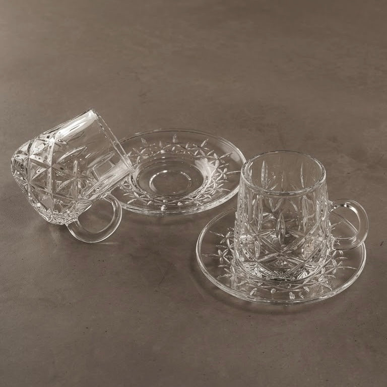 Diamond-Patterned Clear Glass Tea Set with Matching Saucers – 6 Person Set