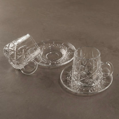 Diamond-Patterned Clear Glass Tea Set with Matching Saucers – 6 Person Set