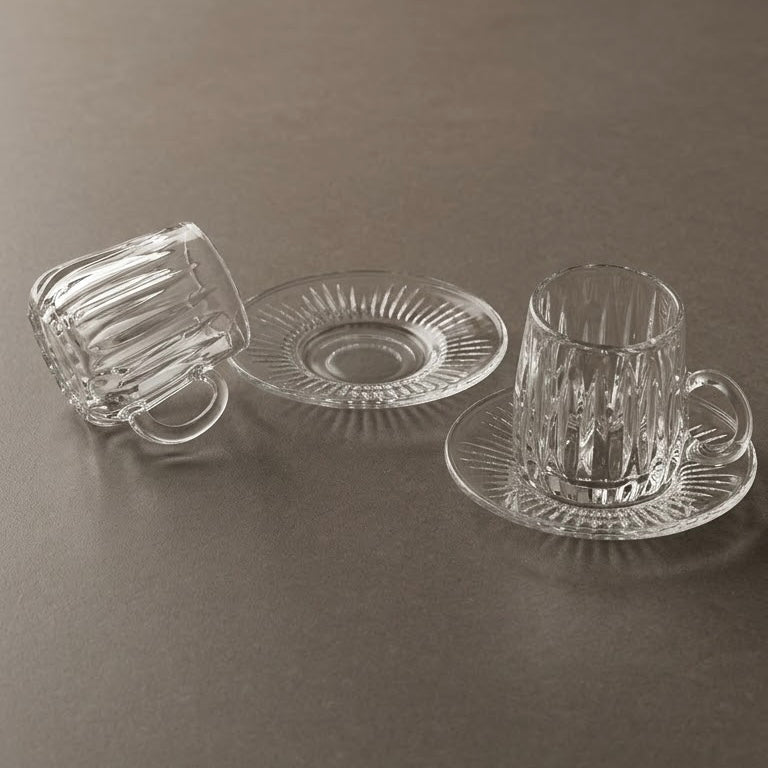 Vertical Ribbed Clear Glass Tea Set with Matching Saucers – 6 Person Set