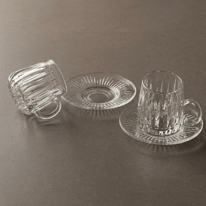 Vertical Ribbed Clear Glass Tea Set with Matching Saucers – 6 Person Set