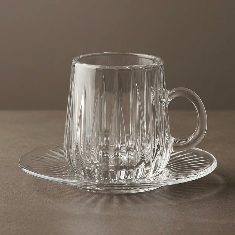 Vertical Ribbed Clear Glass Tea Set with Matching Saucers – 6 Person Set