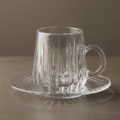 Vertical Ribbed Clear Glass Tea Set with Matching Saucers – 6 Person Set