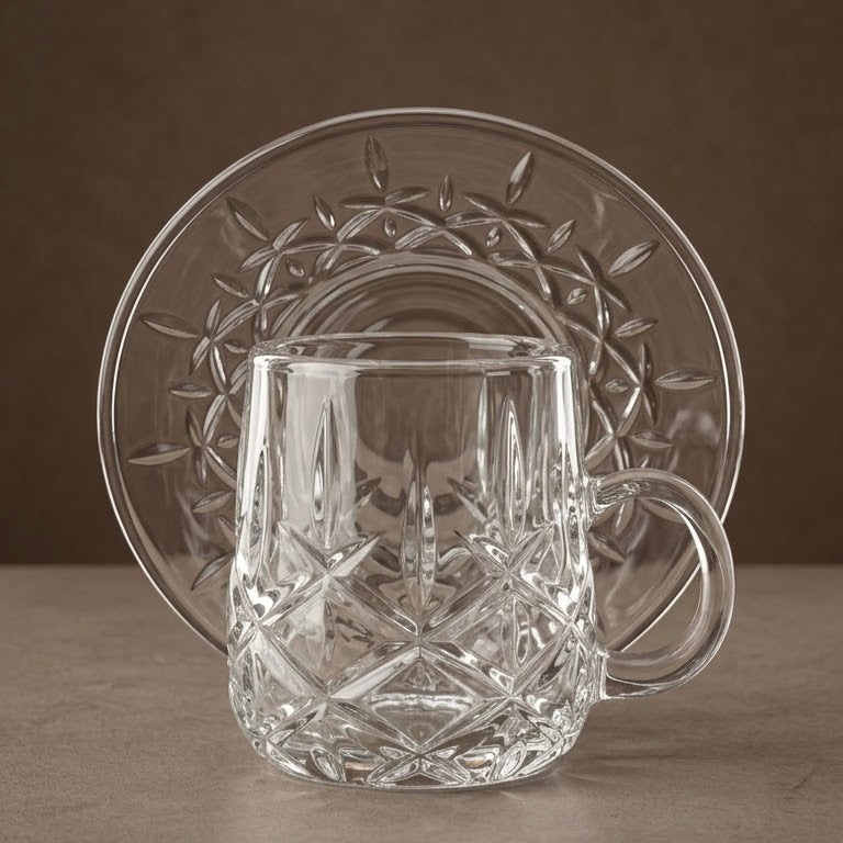 Diamond-Patterned Clear Glass Tea Set with Matching Saucers – 6 Person Set