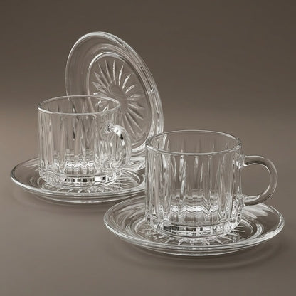 Fluted Glass Coffee Cup and Saucer Set (12 Pieces / 6 Cups & 6 Saucers) – 4 oz