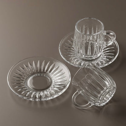 Fluted Glass Coffee Cup and Saucer Set (12 Pieces / 6 Cups & 6 Saucers) – 3 oz