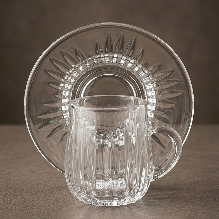 Fluted Glass Coffee Cup and Saucer Set (12 Pieces / 6 Cups & 6 Saucers) – 3 oz