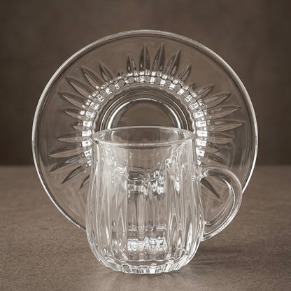 Fluted Glass Coffee Cup and Saucer Set (12 Pieces / 6 Cups & 6 Saucers) – 3 oz