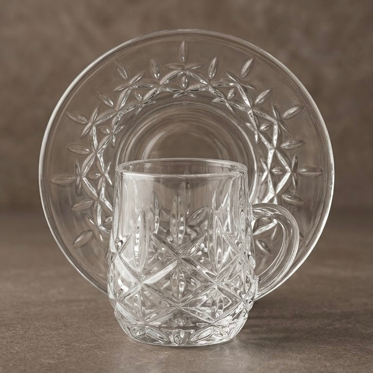 Diamond-Patterned Clear Glass Coffee Set with Matching Saucers – 6 Person Set (3 oz)