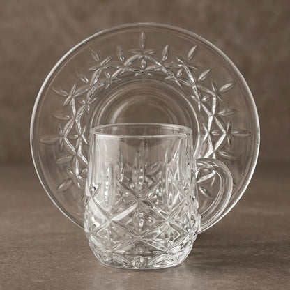 Diamond-Patterned Clear Glass Coffee Set with Matching Saucers – 6 Person Set (3 oz)