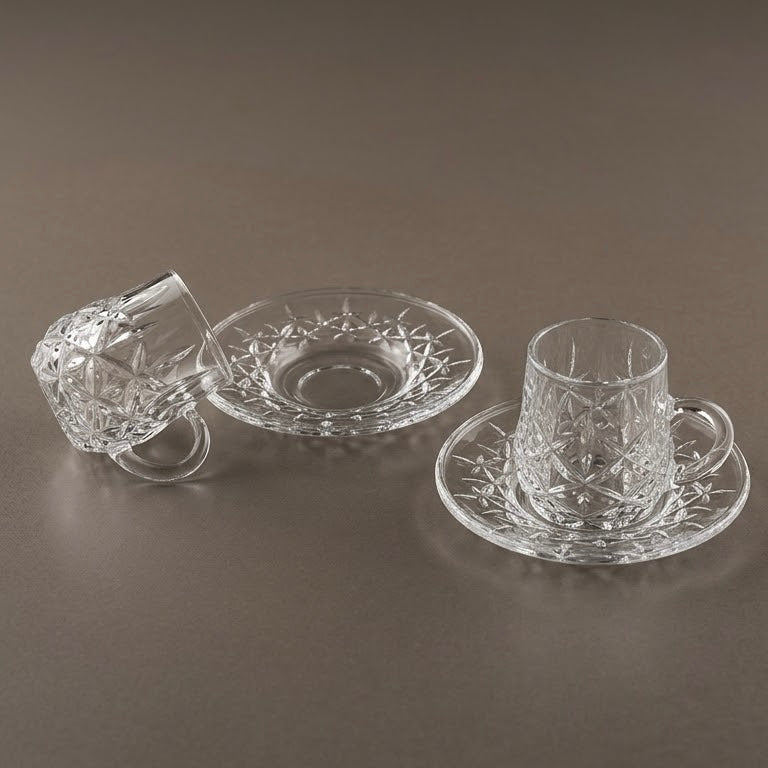 Diamond-Patterned Clear Glass Coffee Set with Matching Saucers – 6 Person Set (3 oz)