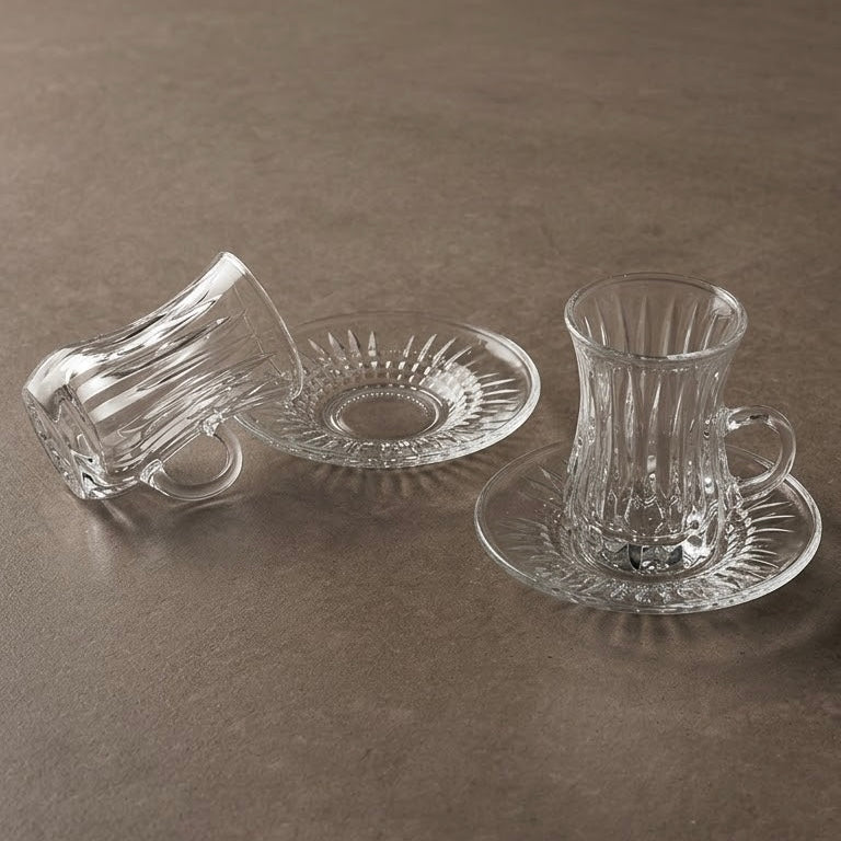 Fluted Glass Istikan and Saucer Set (12 Pieces / 6 Cups & 6 Saucers with Handles)