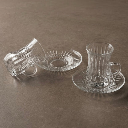 Fluted Glass Istikan and Saucer Set (12 Pieces / 6 Cups & 6 Saucers with Handles)