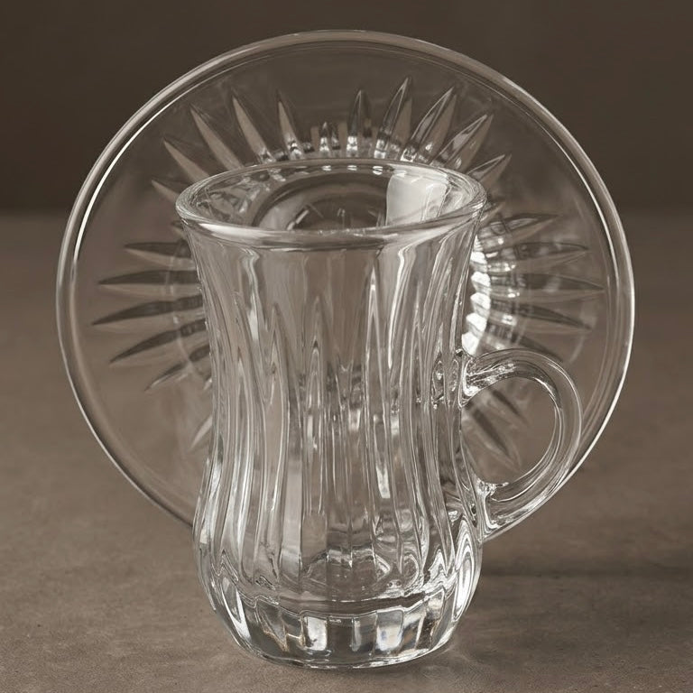 Fluted Glass Istikan and Saucer Set (12 Pieces / 6 Cups & 6 Saucers with Handles)