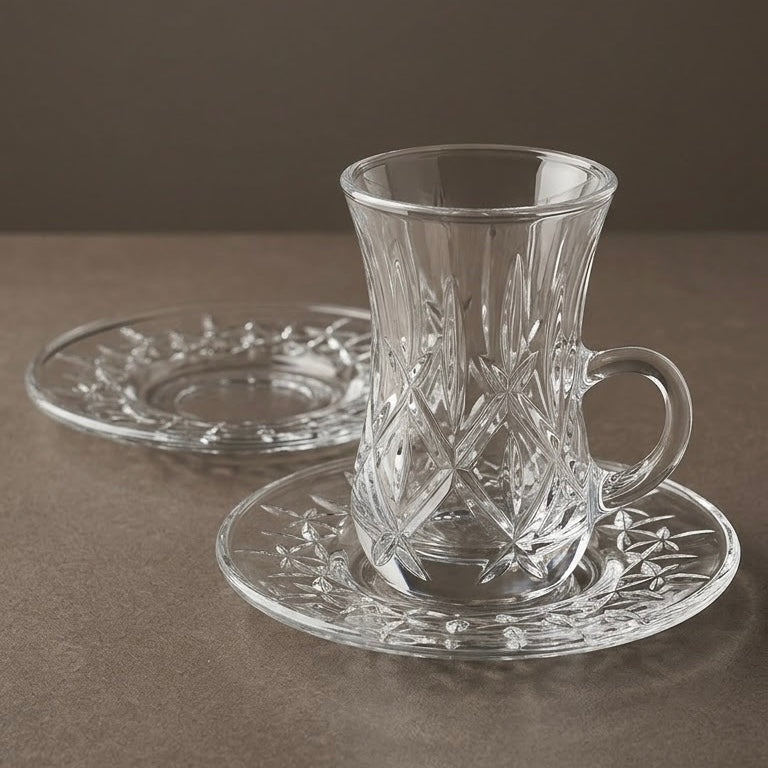 Diamond-Patterned Clear Glass Istikan Set with Matching Star Saucers – 6 Person Set