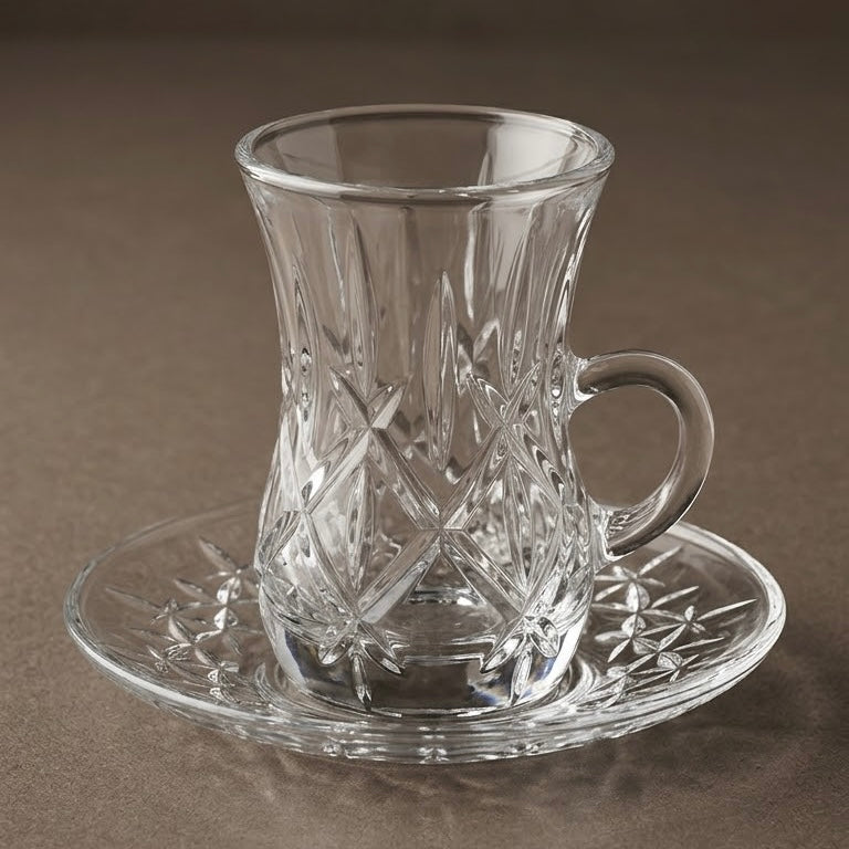 Diamond-Patterned Clear Glass Istikan Set with Matching Star Saucers – 6 Person Set