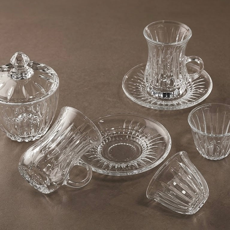 Complete Ribbed Glass Tea and Coffee Set with Sugar Bowl – 20 Pieces