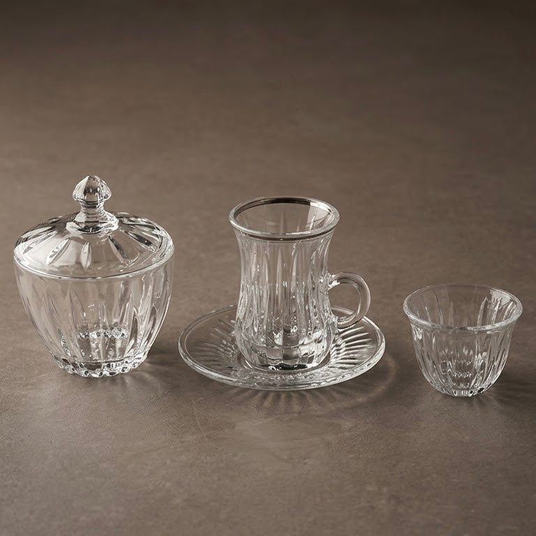 Complete Ribbed Glass Tea and Coffee Set with Sugar Bowl – 20 Pieces