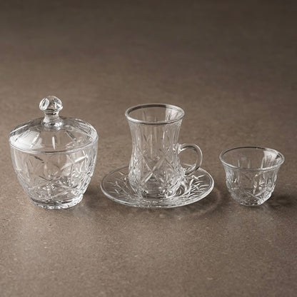 Complete Diamond-Patterned Glass Tea and Coffee Set with Sugar Bowl – 20 Pieces