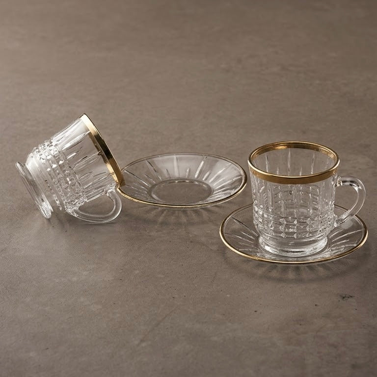 6-Piece Gold-Trimmed Crystal Coffee Cup and Saucer Set