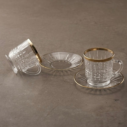 6-Piece Gold-Trimmed Crystal Coffee Cup and Saucer Set
