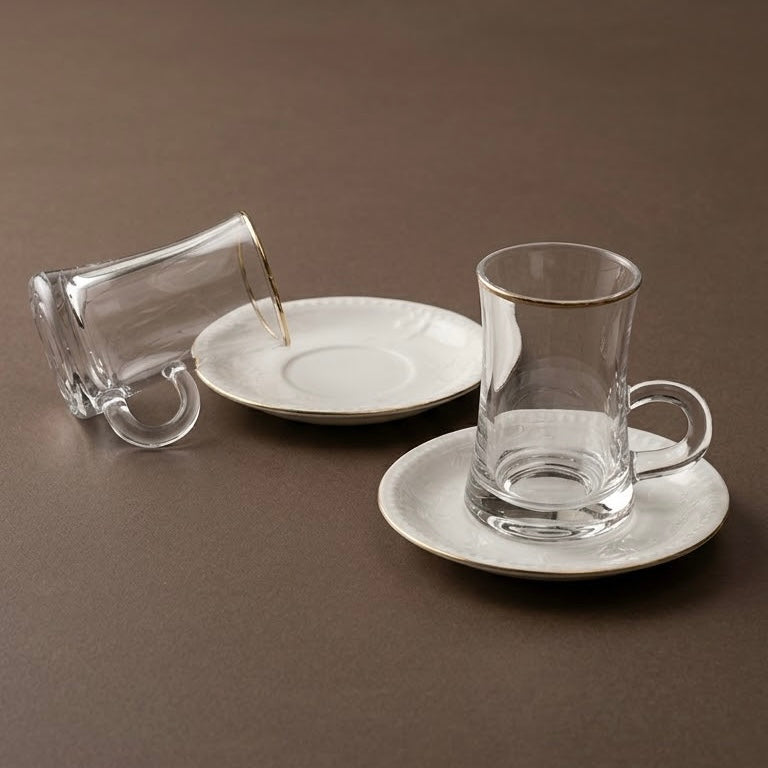 Luxury Istikan Tea Set with Gold Edge – 6 Clear Cups & 6 Embossed White Saucers