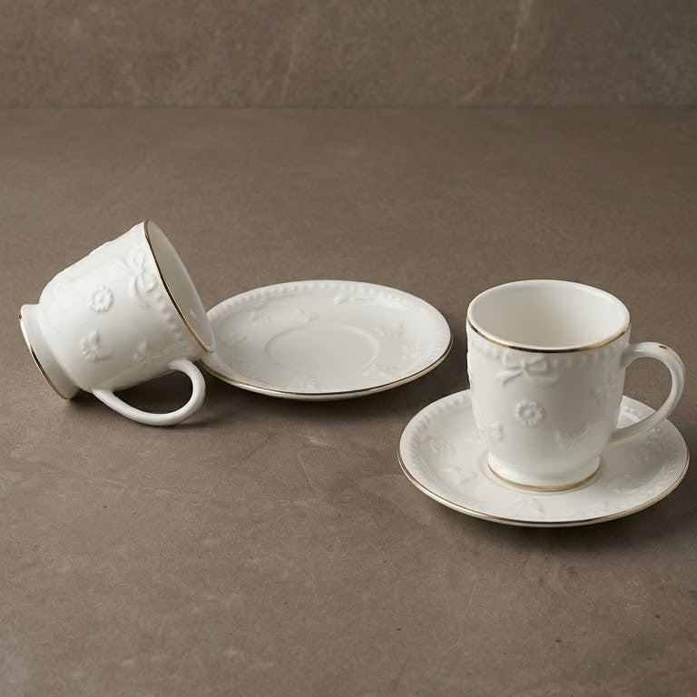 Embossed Porcelain Coffee Cup and Saucer Set with Gold Trim (6-Person Set)