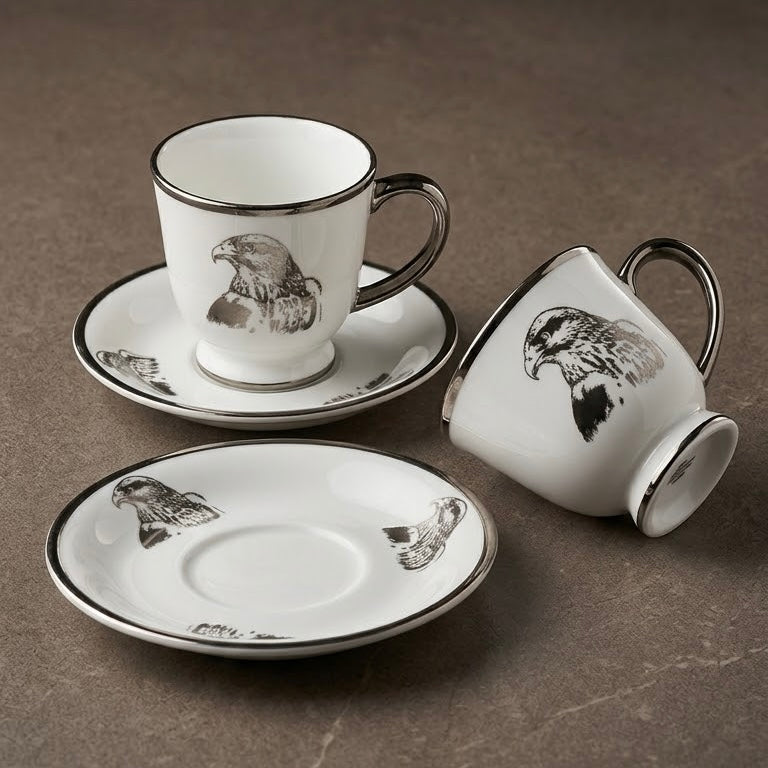 Falcon Motif Porcelain Coffee Cup and Saucer Set with Silver Trim (6-Person Set)