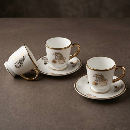 Falcon Motif Porcelain Coffee Cup and Saucer Set with Gold Trim (6-Person Set)
