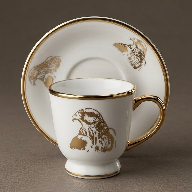 Falcon Motif Porcelain Coffee Cup and Saucer Set with Gold Trim (6-Person Set)
