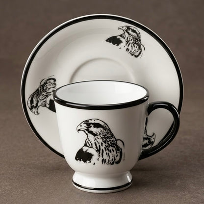 Falcon Motif Porcelain Coffee Cup and Saucer Set with Black Trim (6-Person Set)