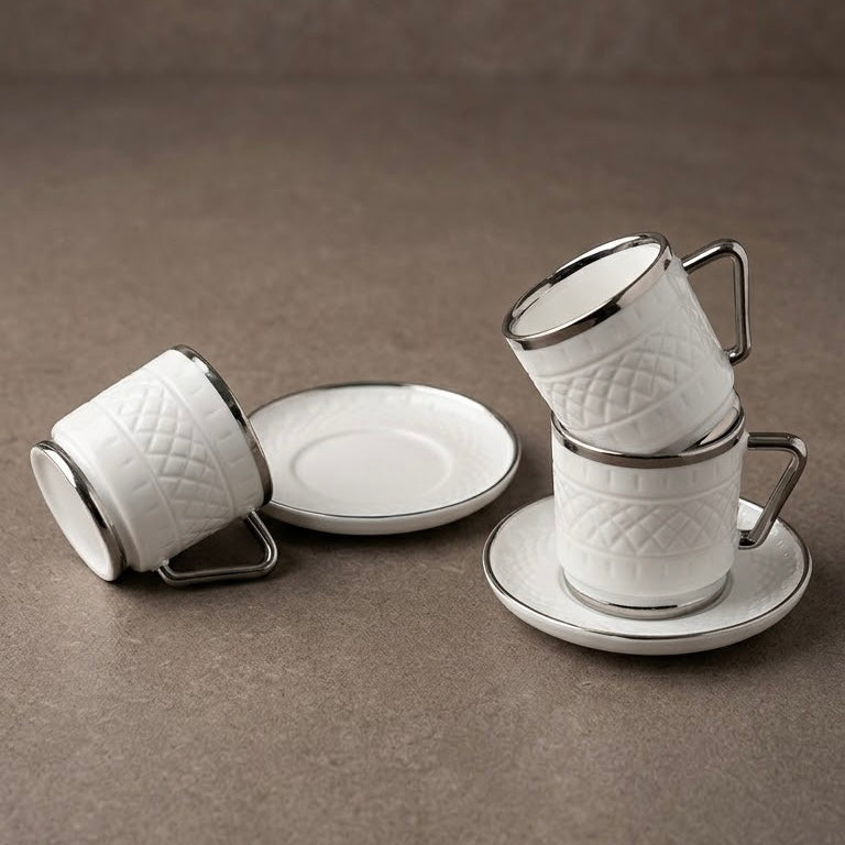 Embossed Porcelain Coffee Cup and Saucer Set with Silver Handles (6-Person Set)