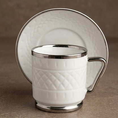 Embossed Porcelain Coffee Cup and Saucer Set with Silver Handles (6-Person Set)