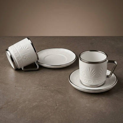 Luxury Relief-Patterned Porcelain Coffee Cup with Silver Accents (6-Person Set)