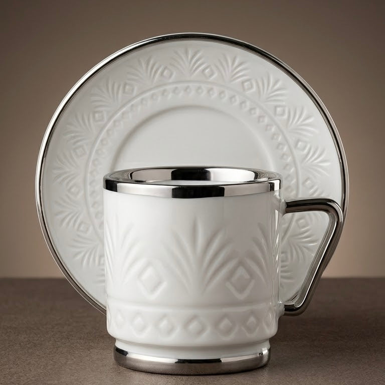 Luxury Relief-Patterned Porcelain Coffee Cup with Silver Accents (6-Person Set)