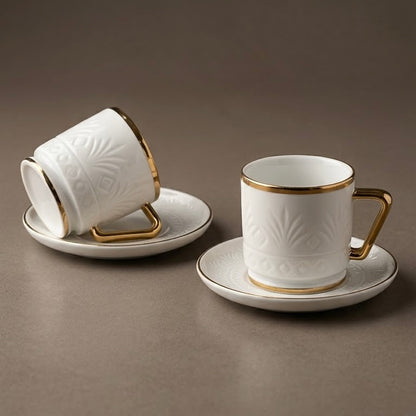 Embossed Porcelain Coffee Cup and Saucer Set with Gold Handles (6-Person Set)
