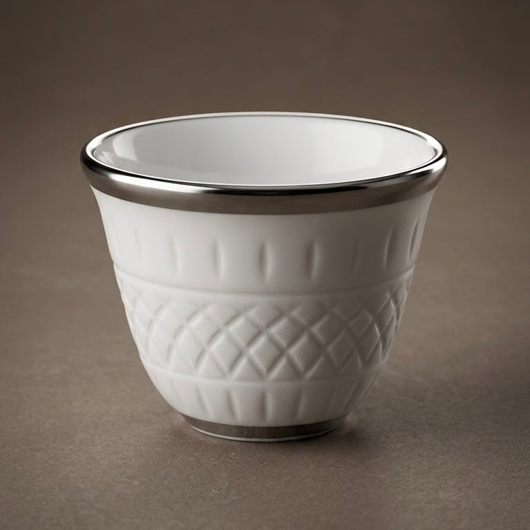 Luxury Relief-Patterned Porcelain Finjan with Silver Accents (12 Pcs)