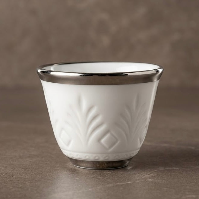 Luxury Palm Frond Relief-Patterned Porcelain Finjan with Silver Accents (12 Pcs)